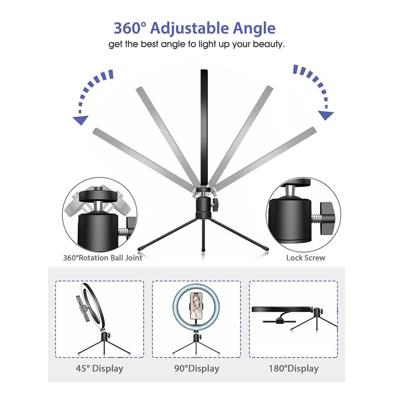 ضوء LED حلقي مساعد بـ 3 أوضاع قابل للتعتيم مع حامل ثلاثي القوائم صغير أسود - Image 3