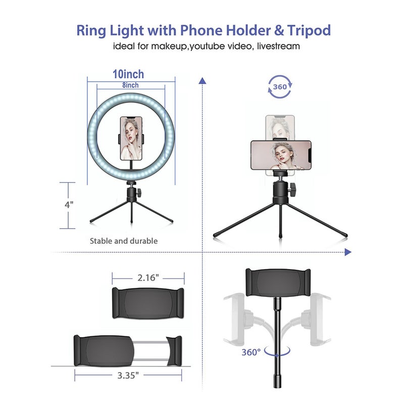 ضوء LED حلقي مساعد بـ 3 أوضاع قابل للتعتيم مع حامل ثلاثي القوائم صغير أسود - Image 5