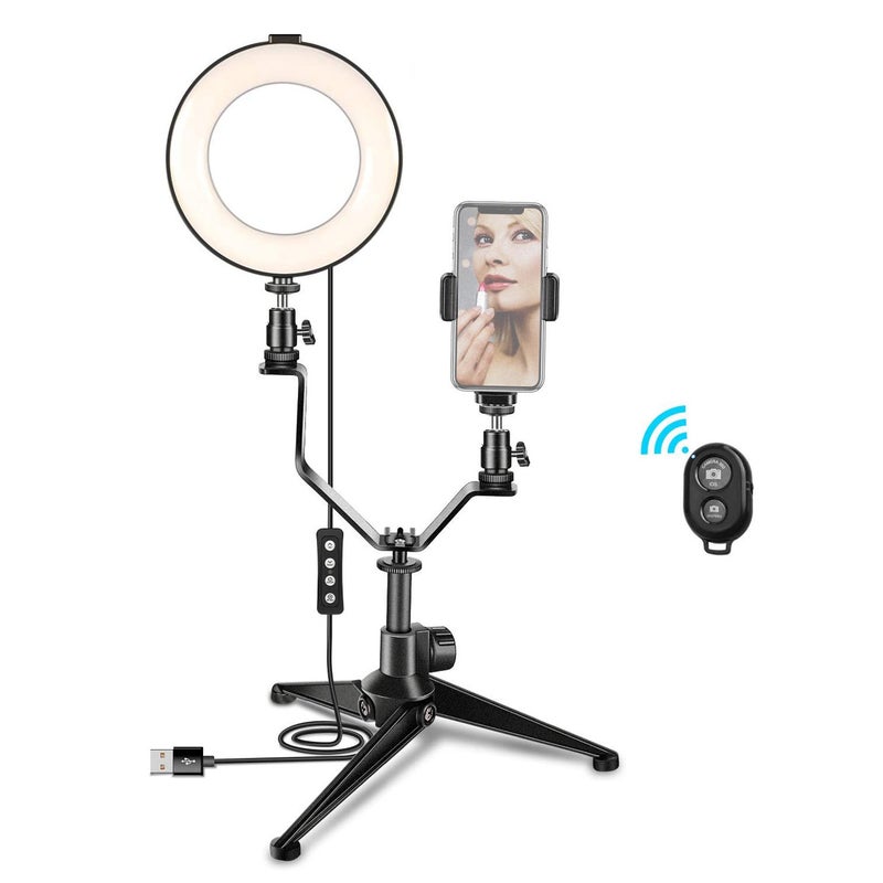 حلقة إضاءة LED مقاس 6 بوصة قابلة للتعتيم مناسبة للتصوير الفوتوغرافي مع حامل ثلاثي القوائم بدعامة على شكل حرف V أسود - Image 3