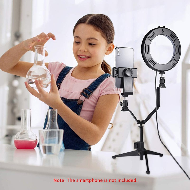 حلقة إضاءة LED مقاس 6 بوصة قابلة للتعتيم مناسبة للتصوير الفوتوغرافي مع حامل ثلاثي القوائم بدعامة على شكل حرف V أسود - Image 5