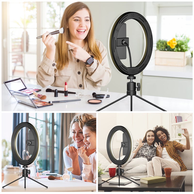 ضوء LED حلقي مساعد بـ 3 أوضاع قابل للتعتيم مع حامل ثلاثي القوائم صغير أسود - Image 2