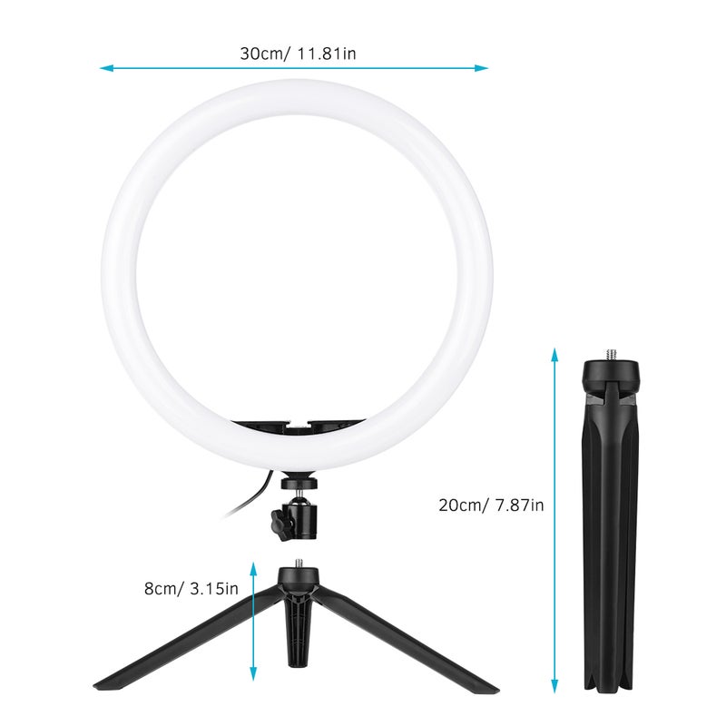 12" 3 Lighting Modes Dimmable Mini LED Ring Light Kit Black/White - Image 2
