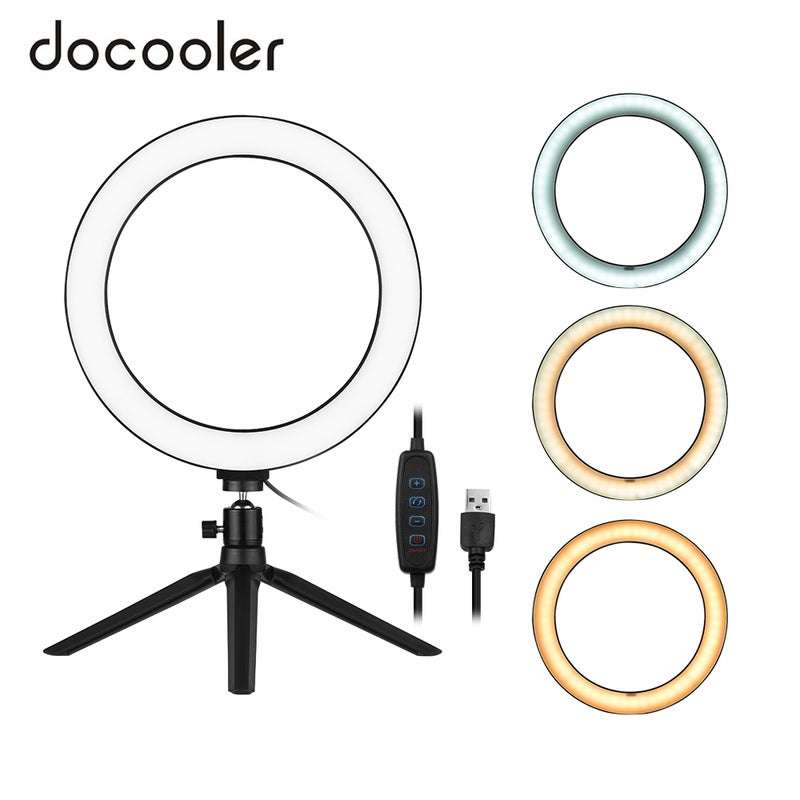 docooler 10" 3 Lighting Modes And 10 Brightness Level Dimmable LED Ring Light Kit Black/White  - Image 1
