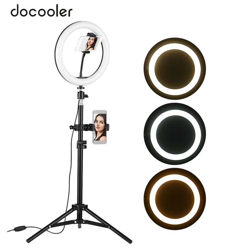 docooler 10" 3 Lighting Modes And 10 Brightness Level Dimmable LED Ring Light Kit Black/White  - Image 1