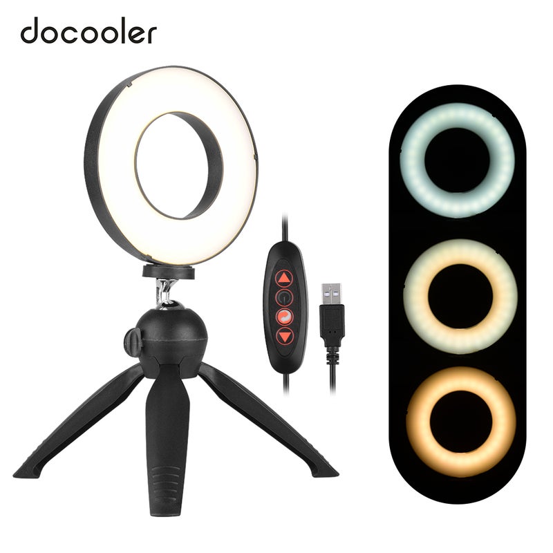 docooler 4.6" 3 Lighting Modes Dimmable Mini LED Ring Light Kit Black/White  - Image 1