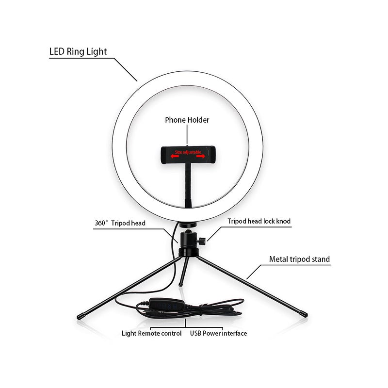 مجموعة حلقة إضاءة LED تتميز ب3 ألوان ضوء و10 مستويات للسطوع مقاس 10 بوصة أسود/ أبيض - Image 3