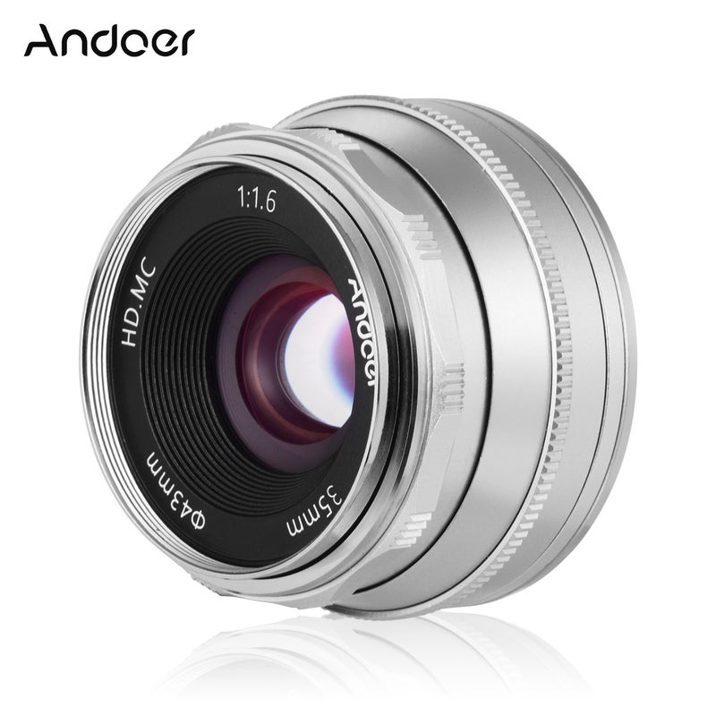 ANDOER 35mm F1.6 Manual Focus Camera Lens For Olympus Silver  - Image 1