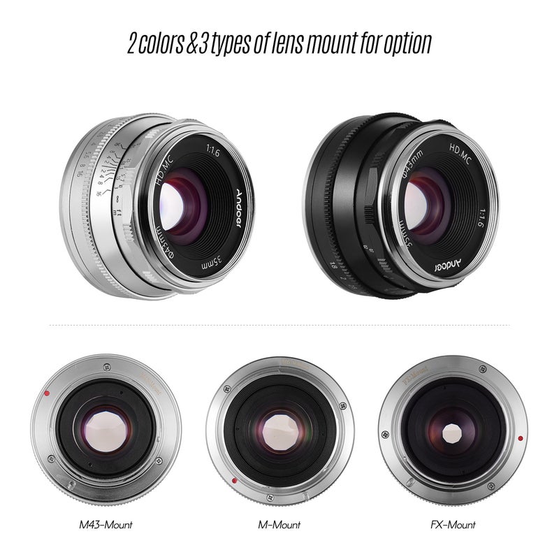 ANDOER 35mm F1.6 Manual Focus Camera Lens For Olympus Silver  - Image 2