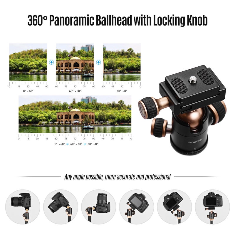 أندوير حامل Q160SA كامل ثلاثي القوائم مع رأس كروي بانورامي مزود بميزان استواء اسود/ذهبي وردي - Image 4