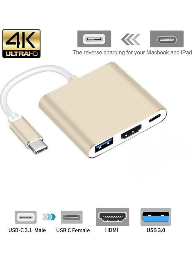USB Type C Hub HDMI 4K Adapter With 3.0 USB And 3.1 Charging Port CHAUD01110 Gold