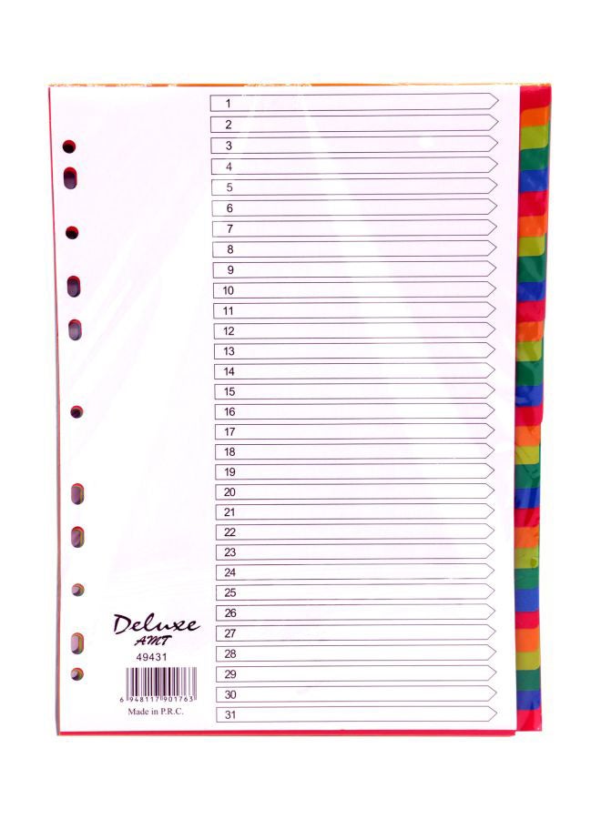 10-Piece 1-31 A4 Plastic Divider Multicolour