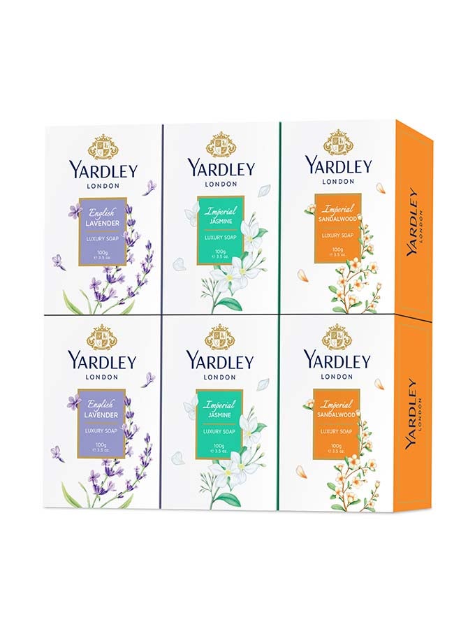 ياردلي مجموعة صابون برائحة الياسمين الإمبراطوري وخشب الصندل الإمبراطوري واللافندر الإنجليزي، مكونة من 6 قطع. 600جرام