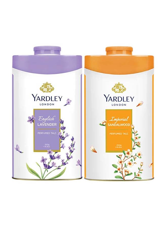 ياردلي مجموعة هدايا تتضمن عبوتين بودرة إنجلش لافندر وإمبريال صندل وود للجسم 250+250جرام