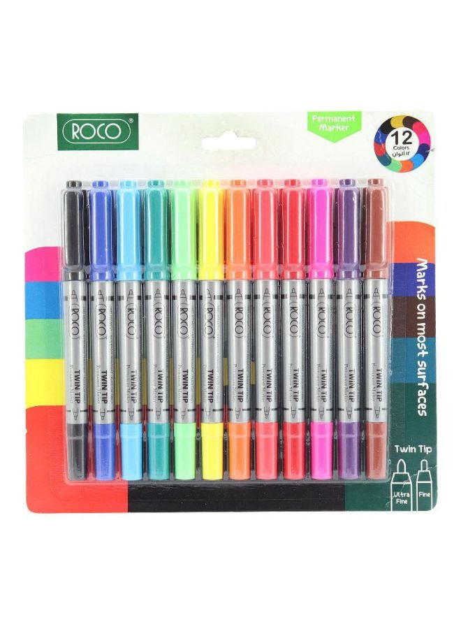 ROCO 12-Piece Twin Tip Permanent Marker Multicolour