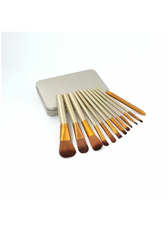 12-Piece Wood Handles Makeup Brush With Travel Cosmetic Box Set Gold - Image 1