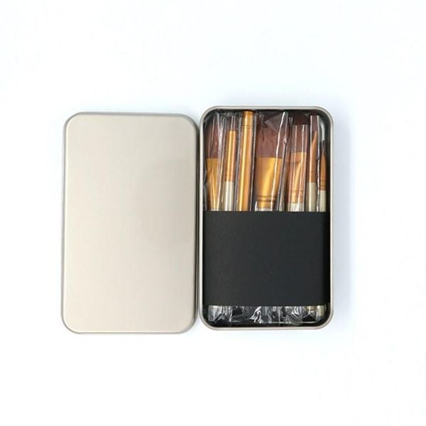 12-Piece Wood Handles Makeup Brush With Travel Cosmetic Box Set Gold - Image 2