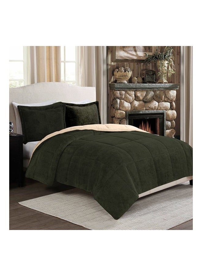 snooze 3-Piece Double Face Quilt With Blanket Set Multicolor Combination Olive/Beige 220x230cm 