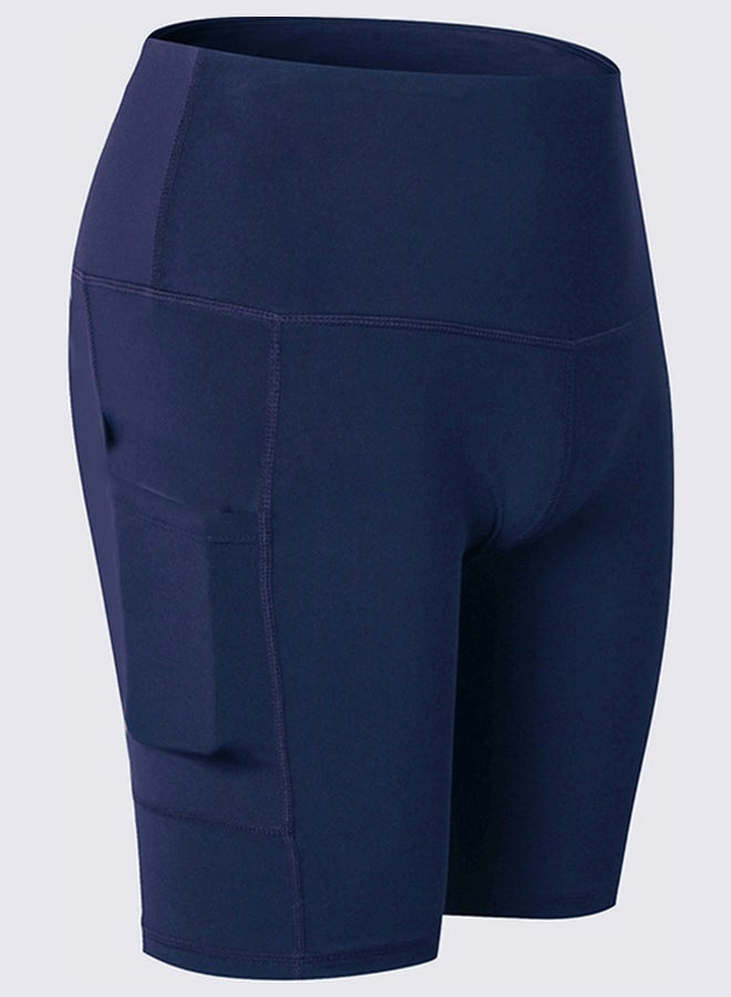 High Waist Side Pockets Details Yoga Shorts Dark blue