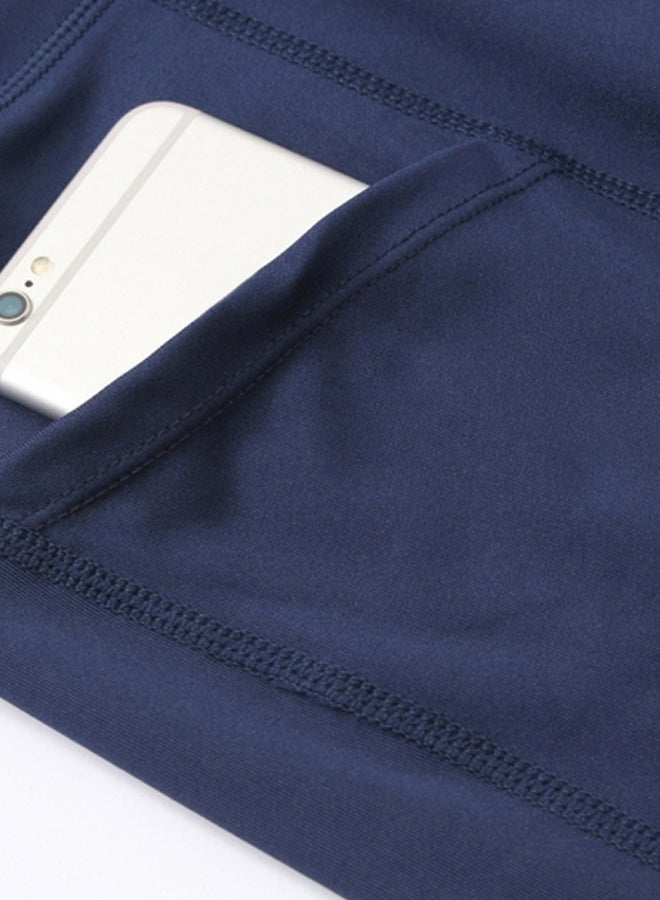 High Waist Side Pockets Details Yoga Shorts Dark blue