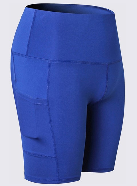 High Waist Side Pockets Details Yoga Shorts Blue