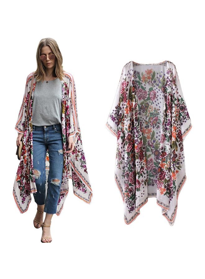 Floral Printed Loose Bikini Cover Up White - Image 3