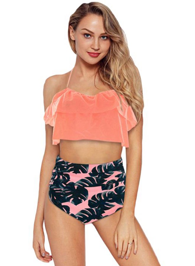 Ruffled High Waist Bikini Set Pink/Green - Image 1