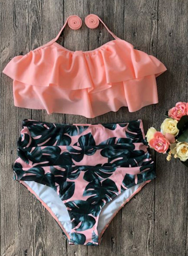 Ruffled High Waist Bikini Set Pink/Green - Image 2