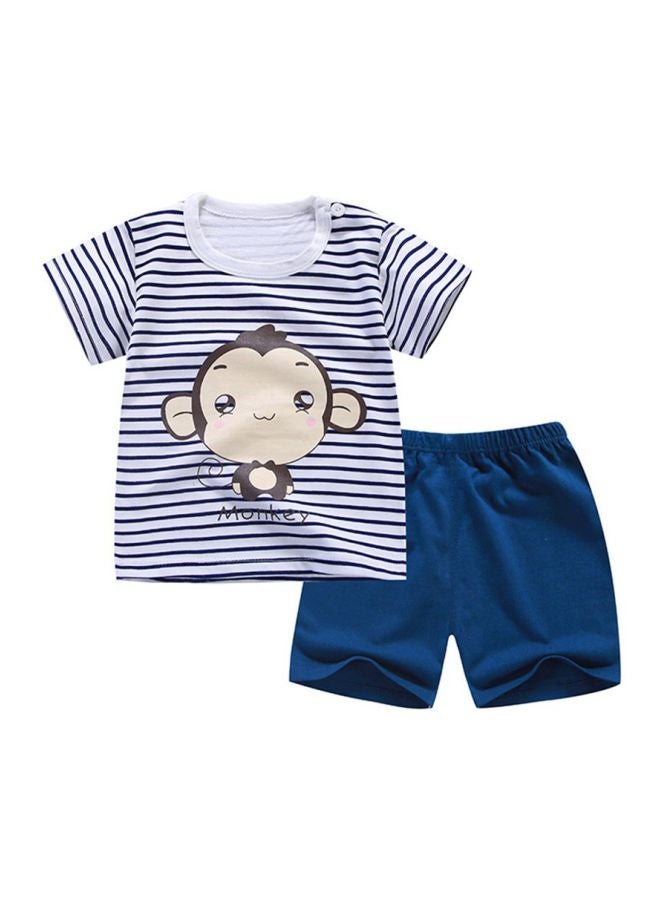 Cartoon Monkey Printed T-Shirt And Shorts Set White/Blue/Brown  - Image 1