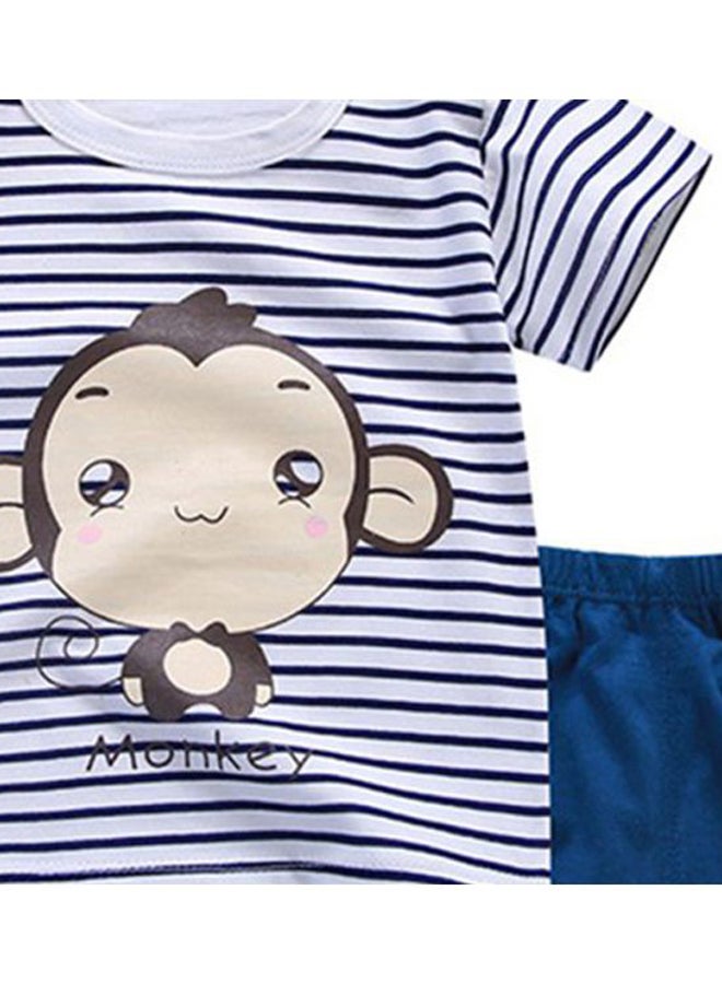 Cartoon Monkey Printed T-Shirt And Shorts Set White/Blue/Brown  - Image 2