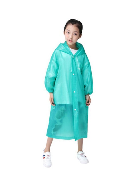 Kids Drawstring Hooded Solid Pattern Raincoat Green