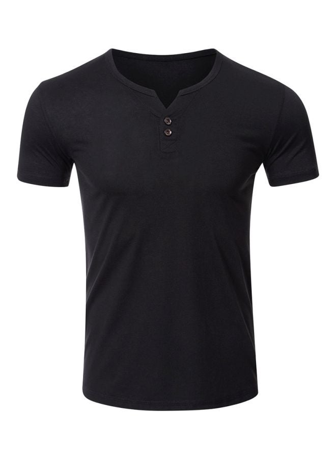 Solid Henley Neck T-Shirt Black  - Image 1