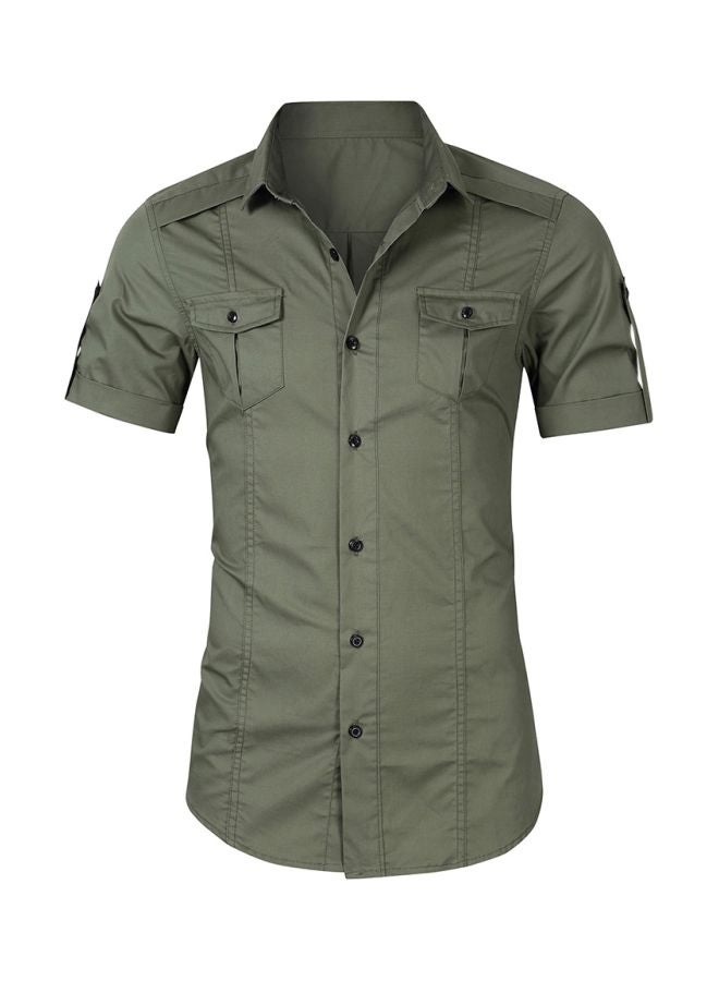 Solid Turn-Down Collar Short Sleeve Shirt Green  - Image 1