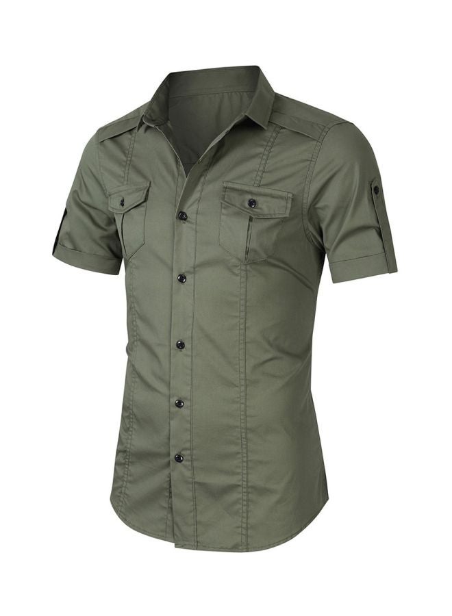 Solid Turn-Down Collar Short Sleeve Shirt Green  - Image 2