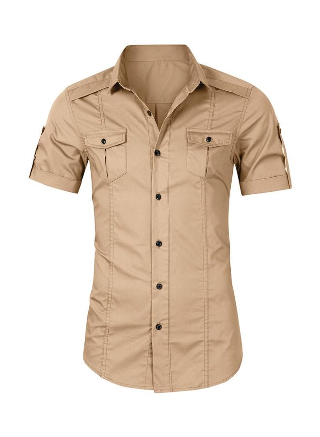 Solid Turn-Down Collar Short Sleeve Shirt Beige - Image 1