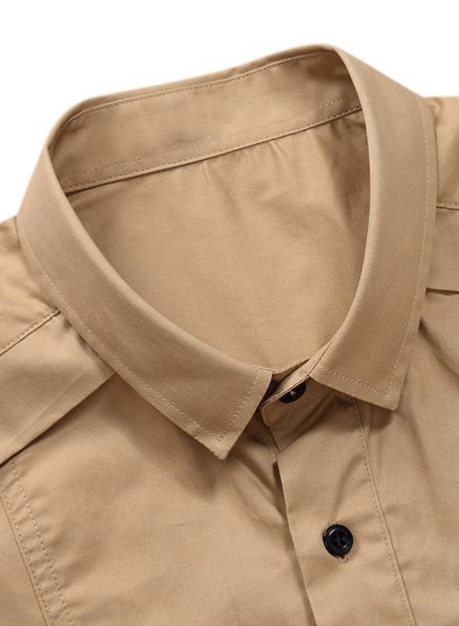 Solid Turn-Down Collar Short Sleeve Shirt Beige - Image 2