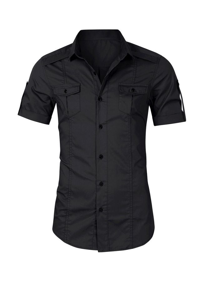 Solid Turn-Down Collar Short Sleeve Shirt Black - Image 1