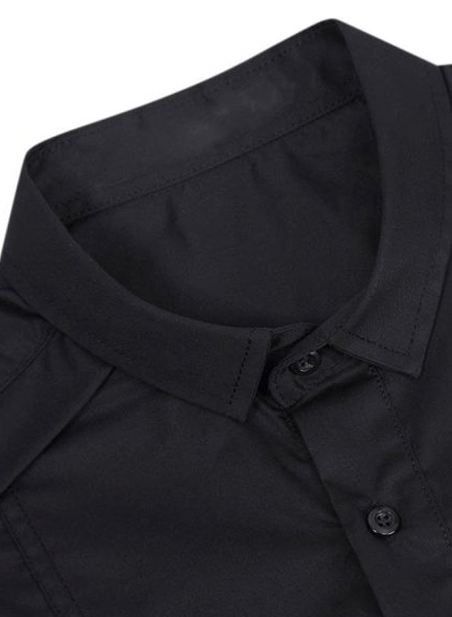 Solid Turn-Down Collar Short Sleeve Shirt Black - Image 2