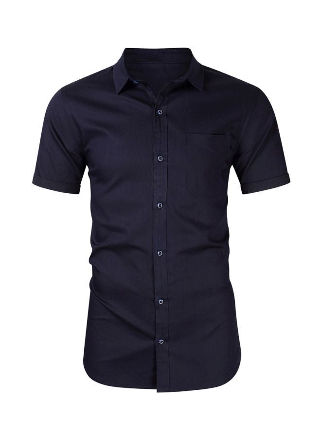 Turn-Down Collar Short Sleeves Shirt Dark Blue One - Image 1