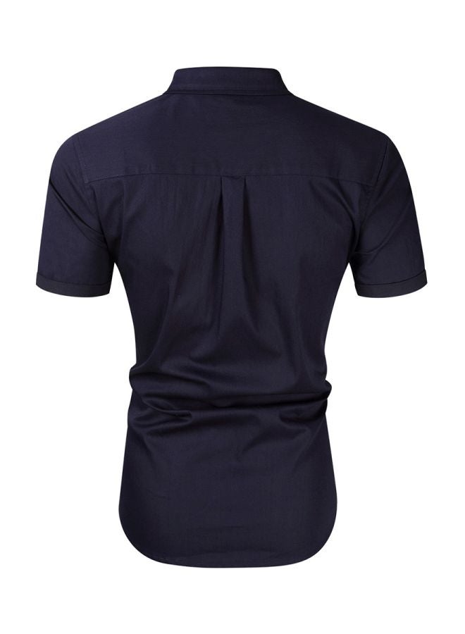 Turn-Down Collar Short Sleeves Shirt Dark Blue One - Image 2