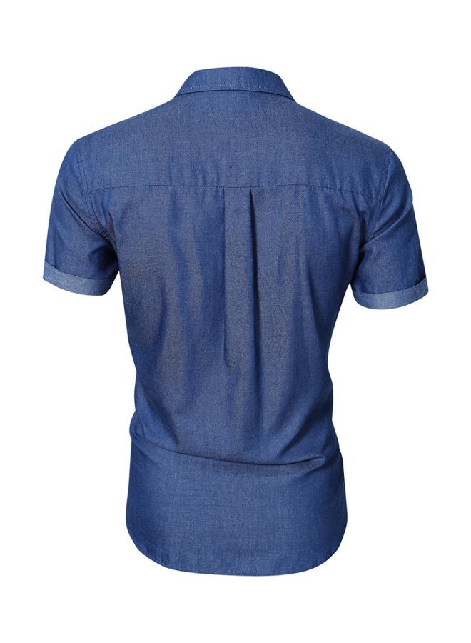 Turn-Down Collar Short Sleeves Shirt Blue - Image 2