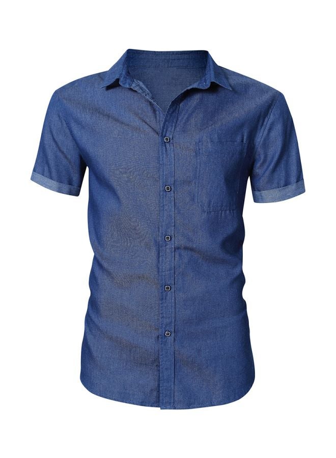 Turn-Down Collar Short Sleeves Shirt Blue - Image 1