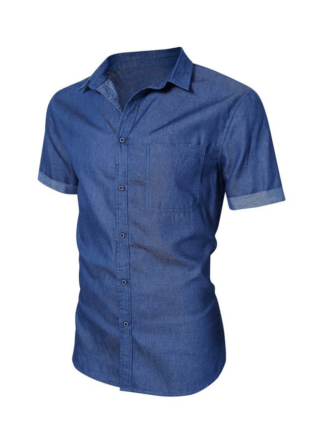 Turn-Down Collar Short Sleeves Shirt Blue - Image 4