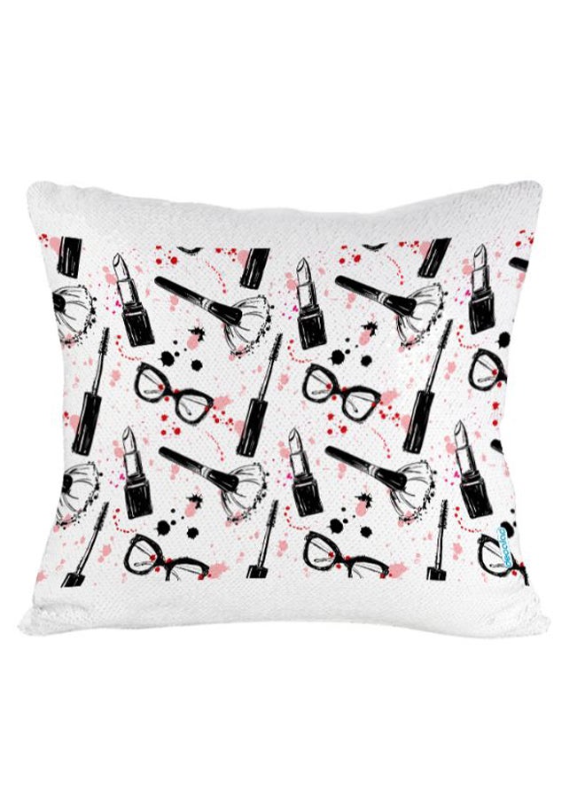 ديكالاك وسادة ديكورية بتصميم أدوات مكياج وموضة مطرزة بالترتر من الوجه أحمر/ أبيض/ أسود 45 x 45سم - Image 2