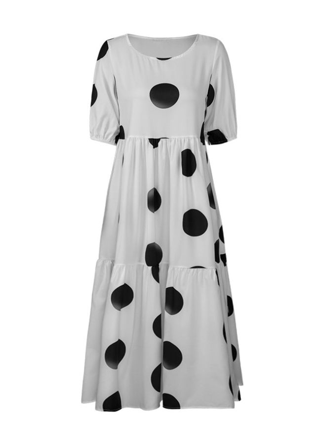 Polka Dot Printed A-Line Dress White/Black - Image 1