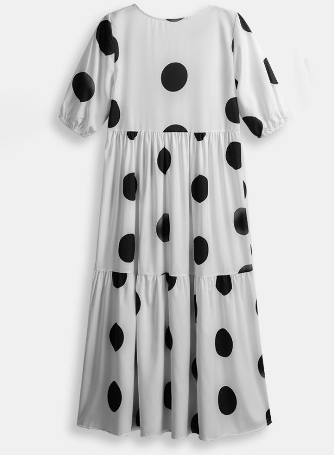 Polka Dot Printed A-Line Dress White/Black - Image 2