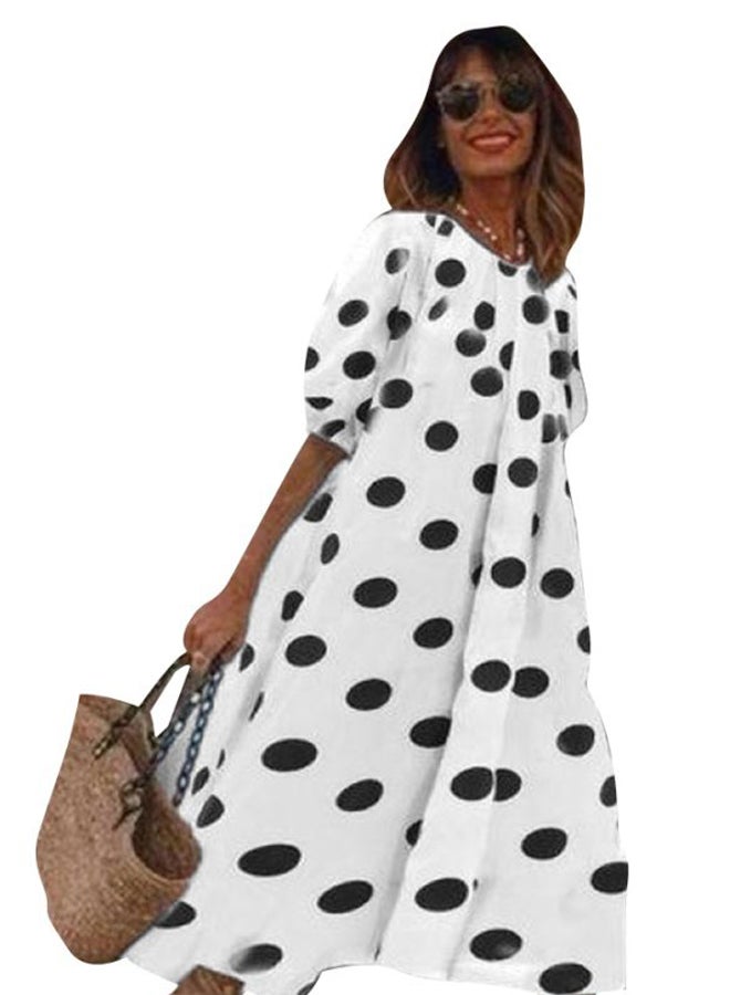 Polka Dot Printed A-Line Dress White/Black - Image 3