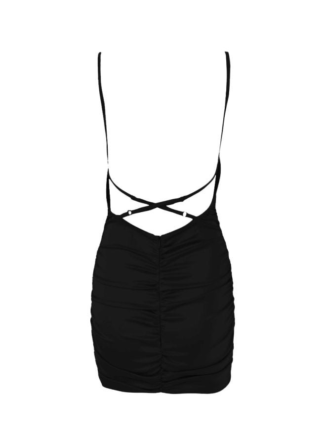 فستان قصير سادة من البوليستر أسود - Image 2