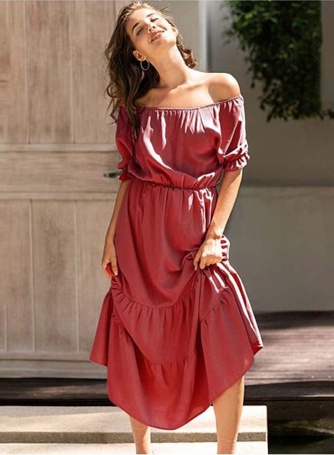 Solid Polyester Maxi Dress Red - Image 5