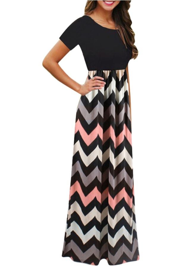 Generic Retro Zigzag Printed Maxi Dress Grey/Black/Pink  - Image 3