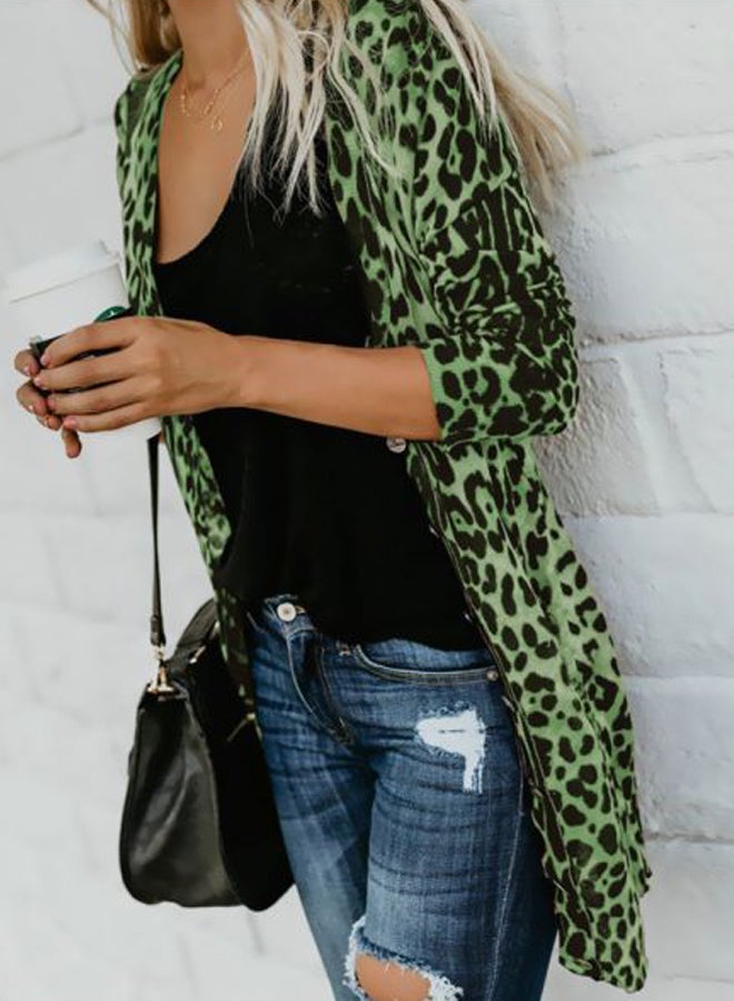 Generic - Leopard Printed Button Closure Overcoat Green - Image 1